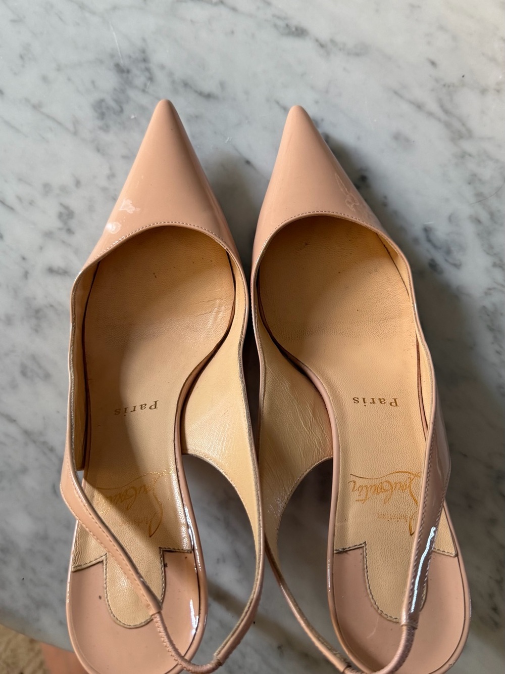 Christian Louboutin Nude Patent Leather Slingback Pumps